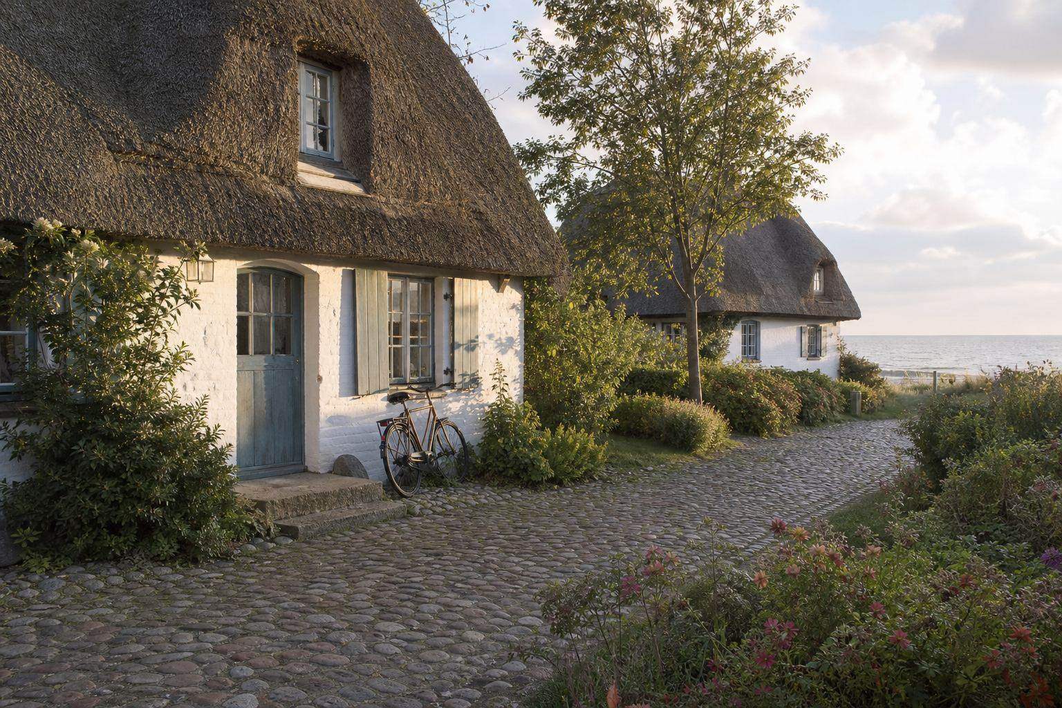 Reetgedecktes Haus und Dorfstraße in einem Fischerort am Darß